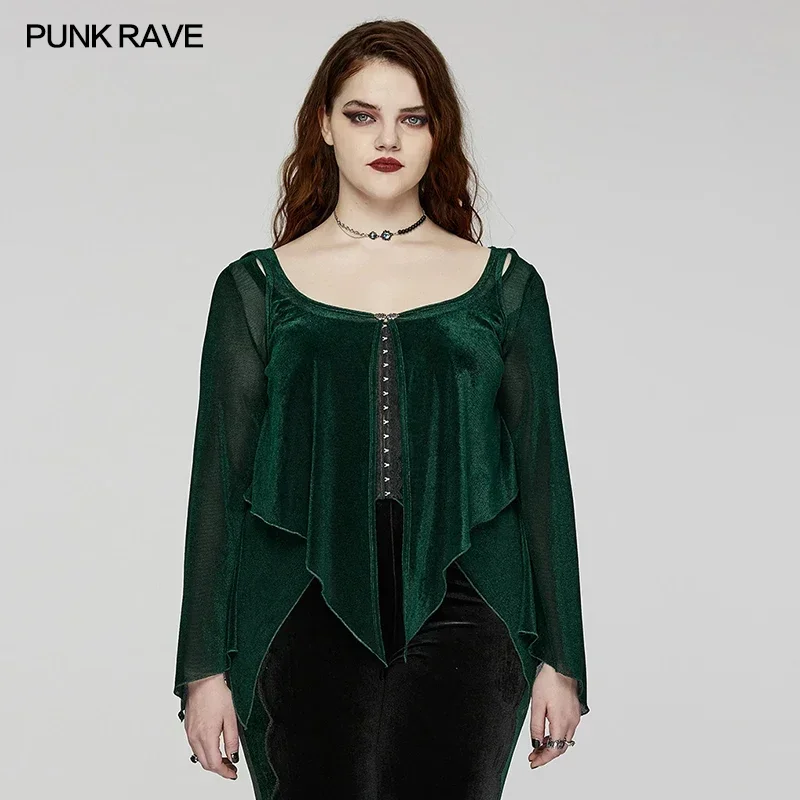 PUNK RAVE Women's Gothic Fake Two-pieced Elastic Flocked Mesh Long Sleeve Shirt Gorgeous Lace Exquisite Carved Clasps Green Tops