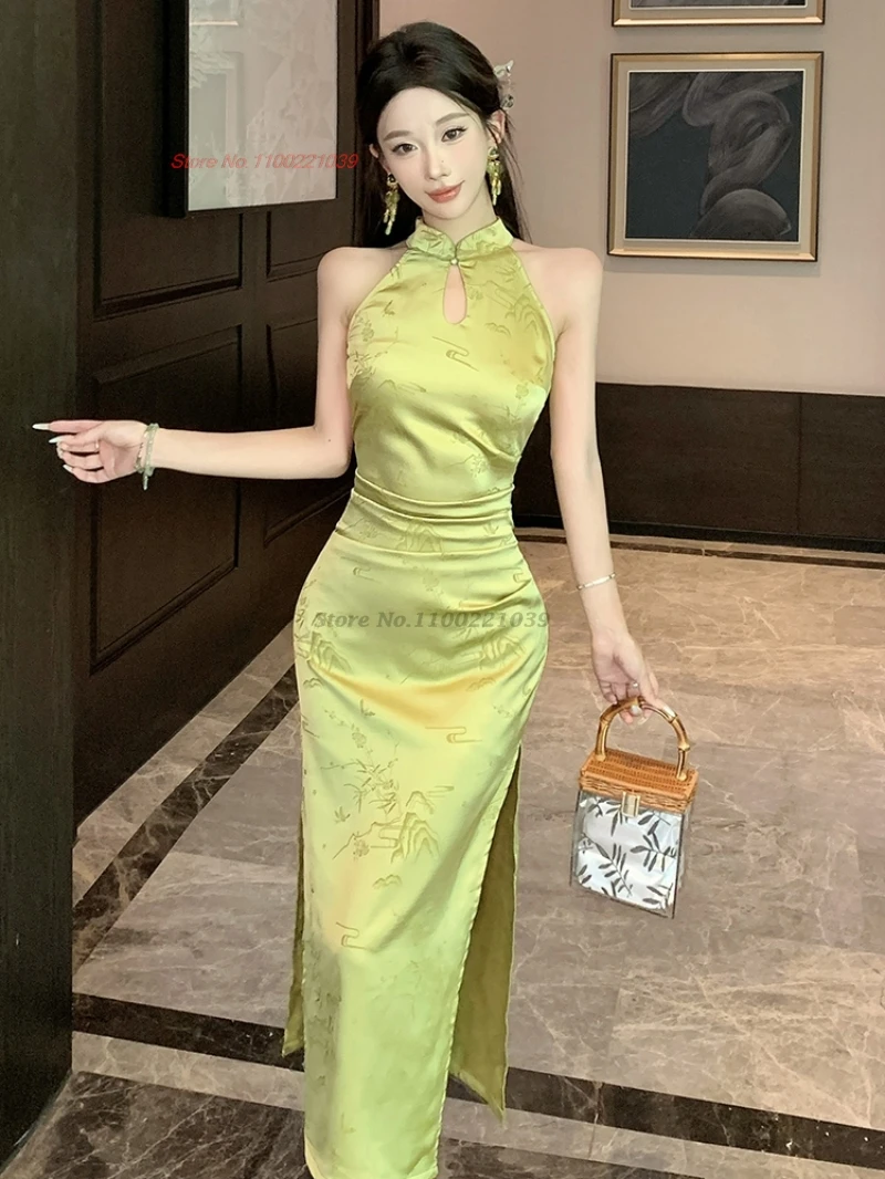 

2025 chinese improved cheongsam satin qipao dress national flower print sleeveless qipao nightclub evening banquet dress qipao