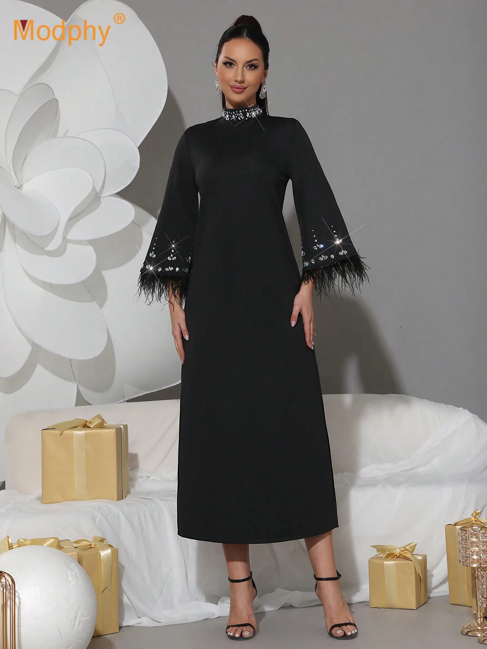 

Modphy Элегантная водолазка с ромбовидными перьями и длинными рукавами, тонкое длинное платье, женское праздничное вечернее платье для торжественного ужина