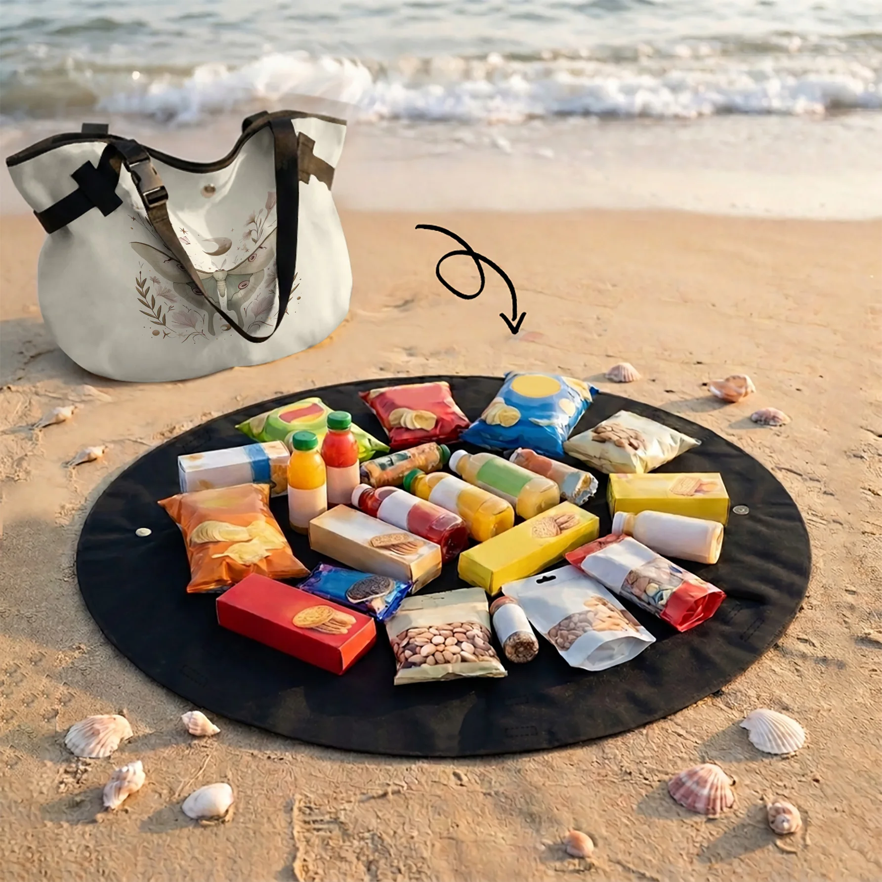 Moth Floral Print 2 In 1 Tote Bag & Round Picnic Mat, Waterproof Foldable Mat For Camping Beach Picnic Travel