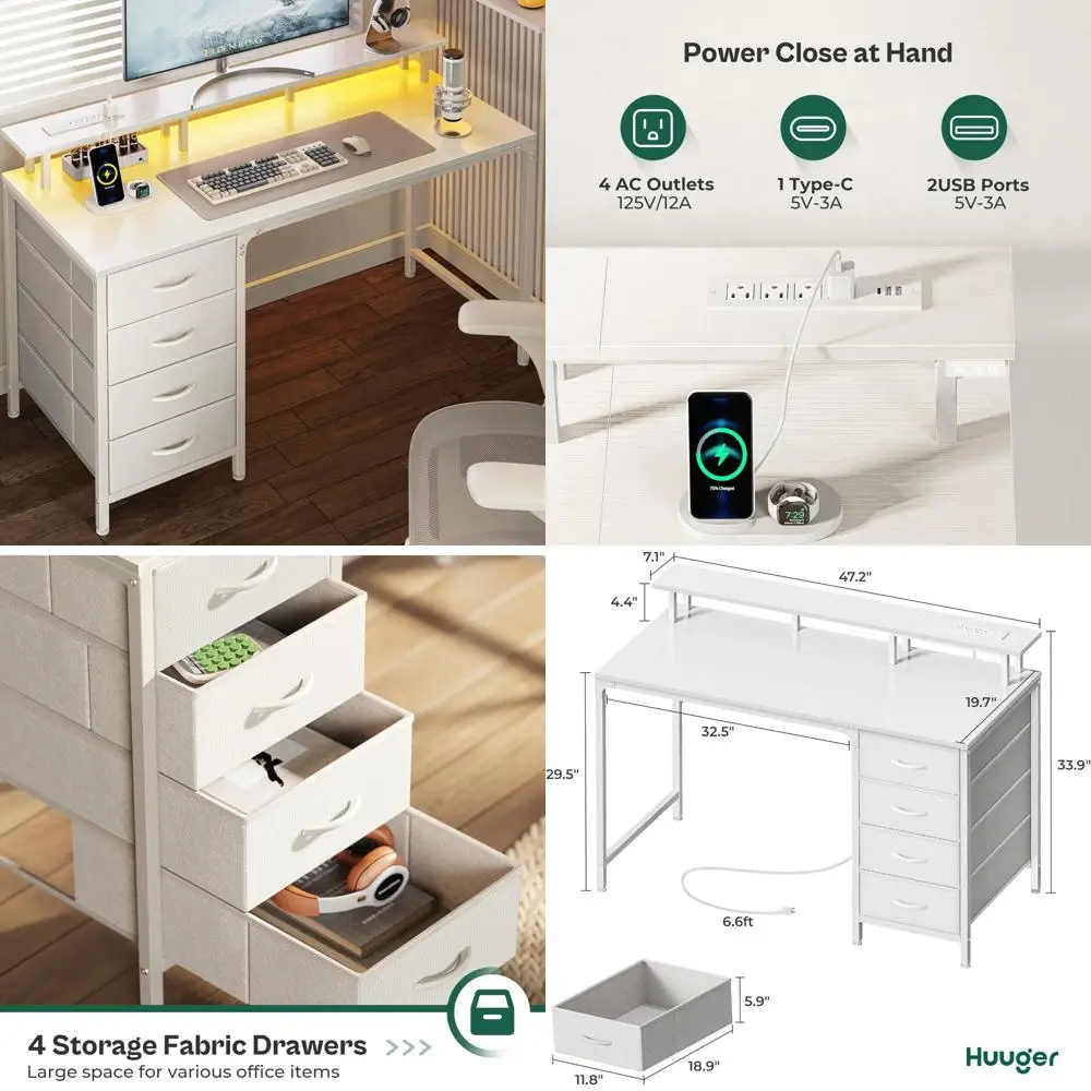 

47 Gaming and Office Desk with Power Outlets, LED Lights, 4 Drawers, and Monitor Stand