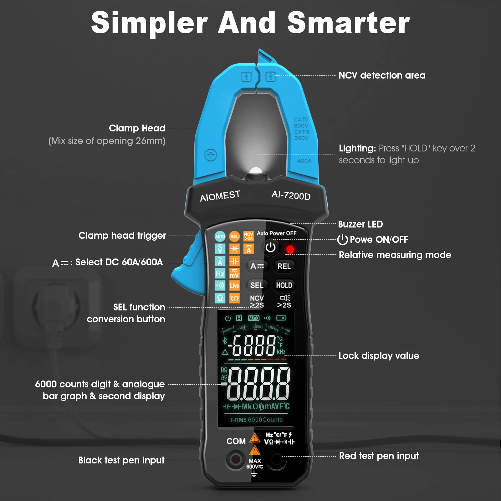 AI-7200D Digitale Klem Meter, 6000 Telt Handheld Multimeter Slanke Spanning Tester Auto-Range 60a/400a True-Rms W/Ncv, Dc & Ac