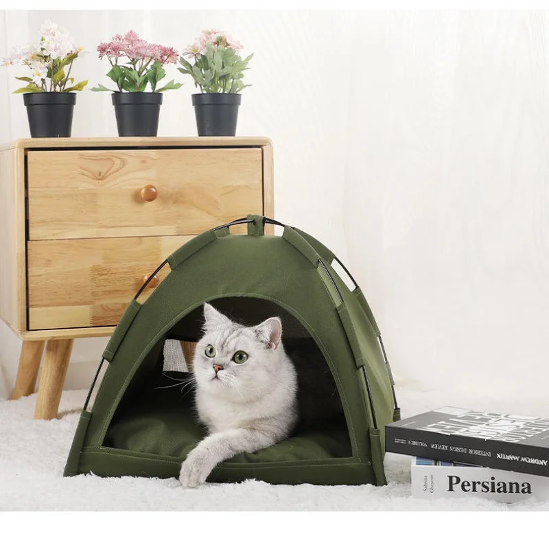 Removable Canvas Pet Tent Bed Semi-Enclosed Cat House Dog Cave Hut Washable Indoor Sofa Basket with Room Decor Features for Cats