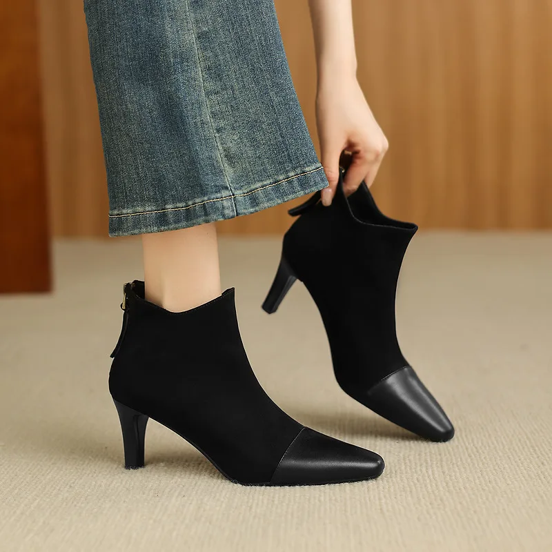 2026 new autumn winter women ankle boots natural leather 22-26cm cowhide+sheep suede+pigskin/plush back zip women short boots