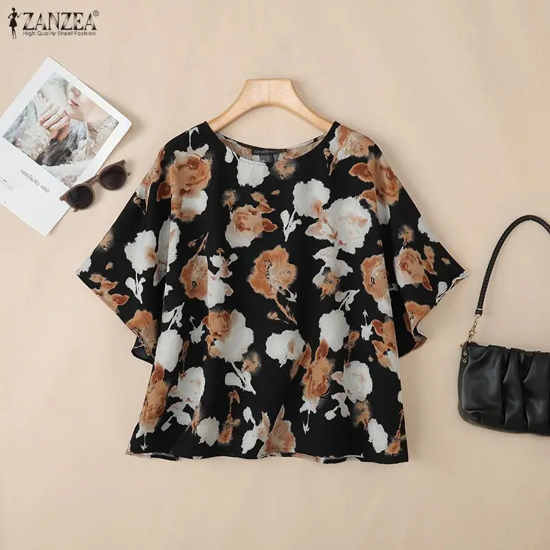 

Women's Floral Print Blouses Elegant O-Neck Half Flare Sleeves Loose Casual Blusas de Mujer ZANZEA 2026 Spring Summer Woman Tops