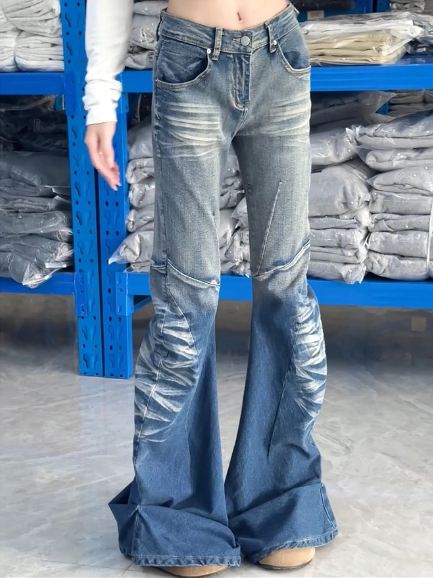 

American Vibe Retro Washed Micro Flared Jeans Women's Design Folded High Street Straight Casual Floor-Length Pants