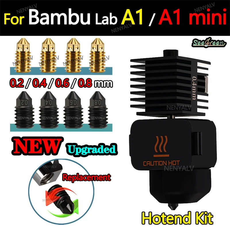 Per Bambu Lab A1 mini Hotend Kit 0.2/0.4/0.6/0.8MM ugello in acciaio temprato per stampante Bambu Lab A1 Hotend 3D Hot end