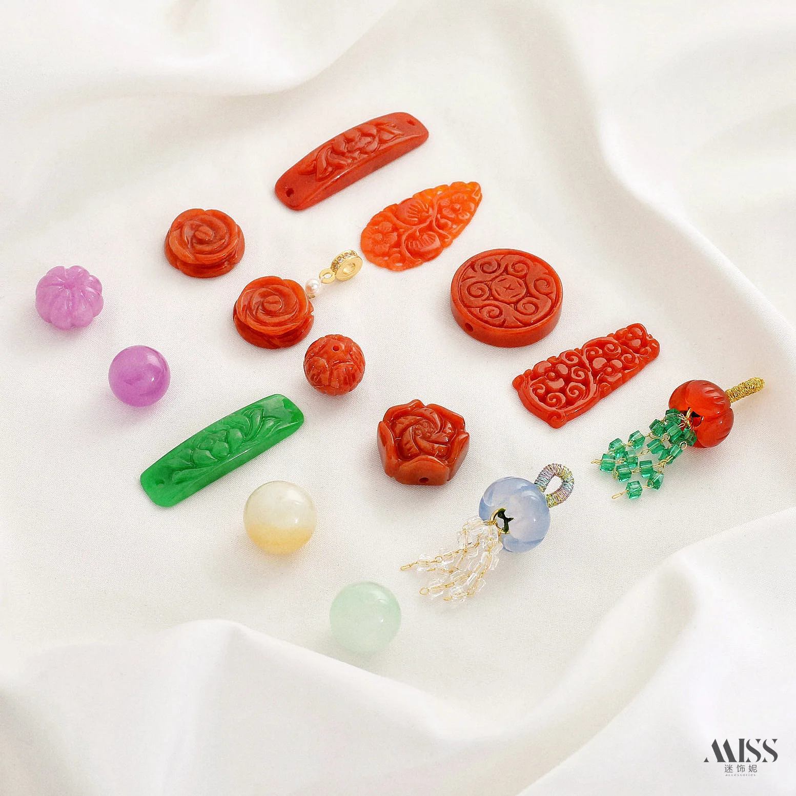 Natural Jade Round Beads, Red Jadeite Flower Charms, Peony, Rose, Lotus Slice, Water Drop Pendants, DIY Jewelry Accessories