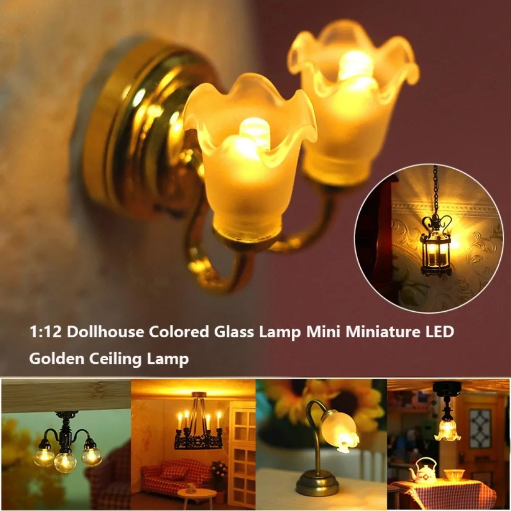 

1:12 Dollhouse Colored Glass Lamp Mini DIY Miniature LED Golden Light 10 Styles Ceiling Lamp Chandelier Doll House Accessories
