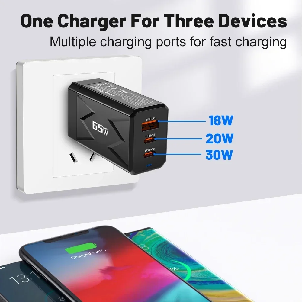 Chargeur USB Type C 65W 3 Ports, Charge Rapide, Prise UE/US, Chargeur Mural pour iPhone, Samsung, Xiaomi, Huawei, Adaptateur de Chargeur de Téléphone USB