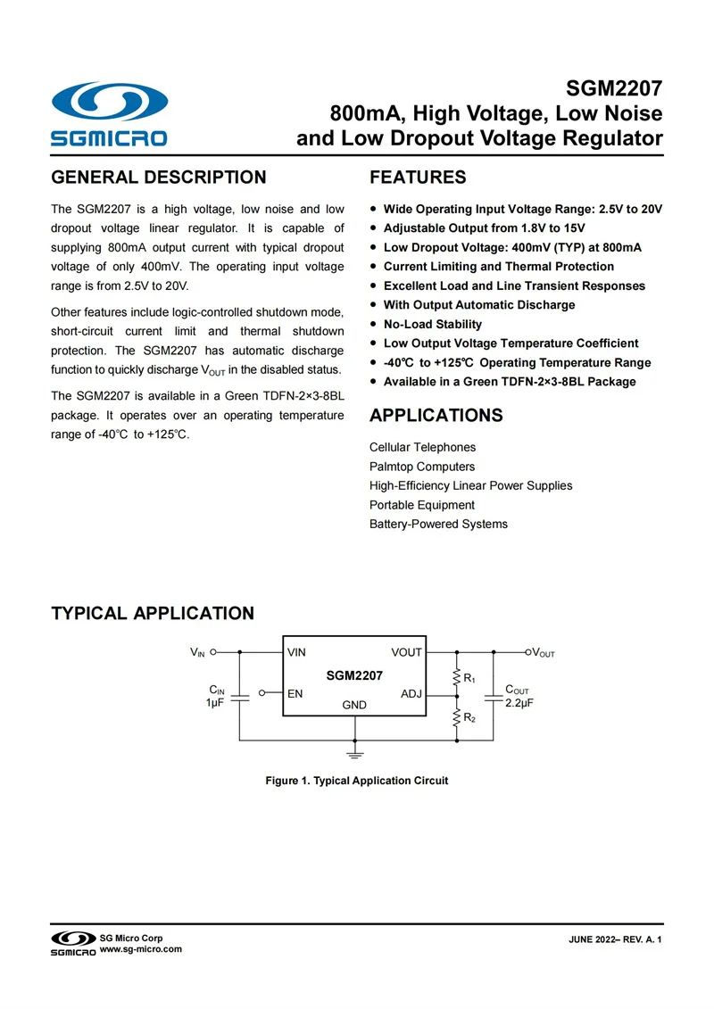 10Pcs/Lot SGM2207-ADJXTDC8G/TR TDFN-8 800mA,High Voltage,Low Noise and Low Dropout Voltage Regulator