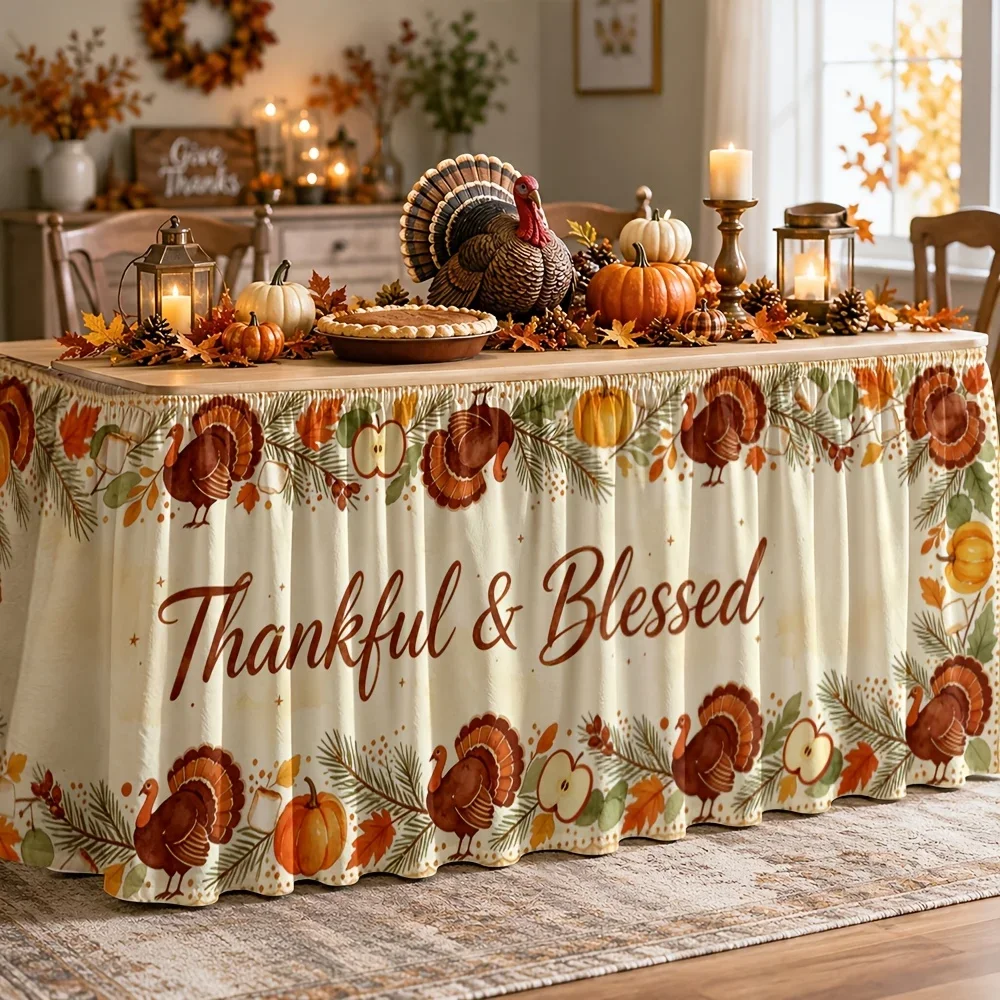 1 piece of tablecloth, Thanksgiving tablecloth, printed polyester, autumn harvest pilgrim feathers, pumpkin, apple