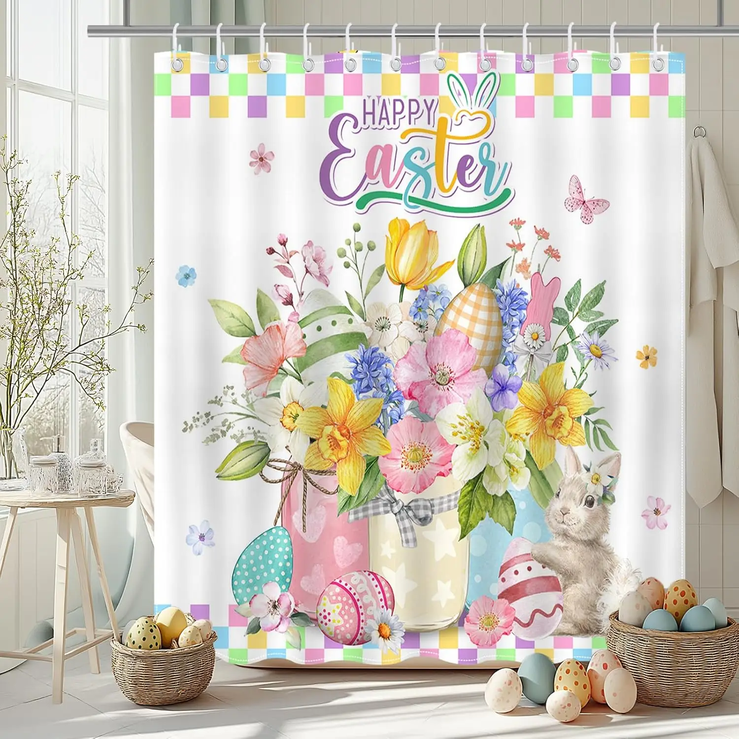 

Easter Bunny Egg Shower Curtain Colorful Spring Floral Print for Kids Bathroom Decor