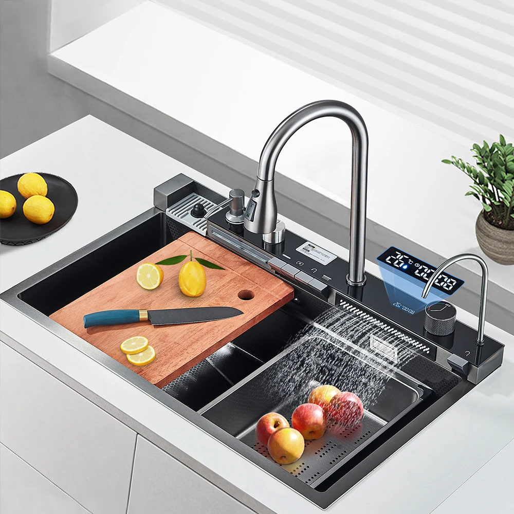 Grey Stainless Steel Digital Kitchen Sink with Hot Cold Pull Out Kitchen Sink Faucet Tap Single Hole Nano Waterfall Kitchen Sink