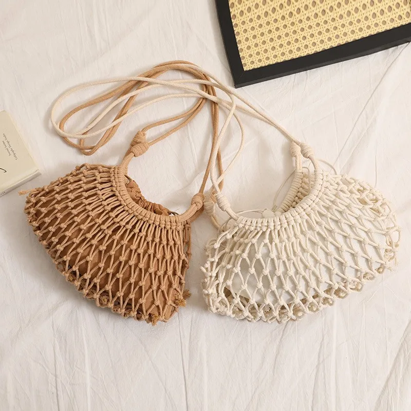

Hollow Out Woven Crossbody Bag Spring Summer Leisure Fashion Vacation Style Fishnet Drawstring Women's Shoulder Bags