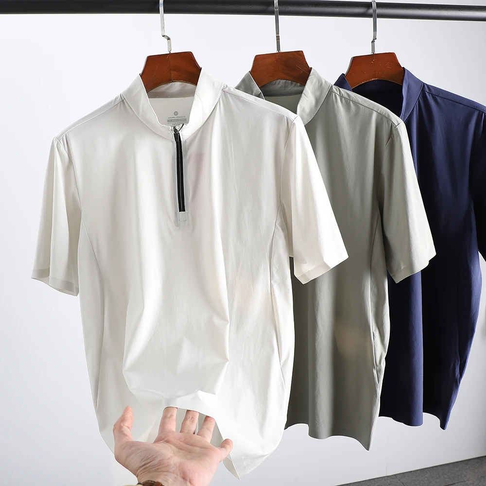 

Летняя мужская футболка из лазерно-перфорированного ледяного шелка с эластичной тканью, быстросохнущая, дышащая, с воротником-стойкой на молнии, для активного отдыха