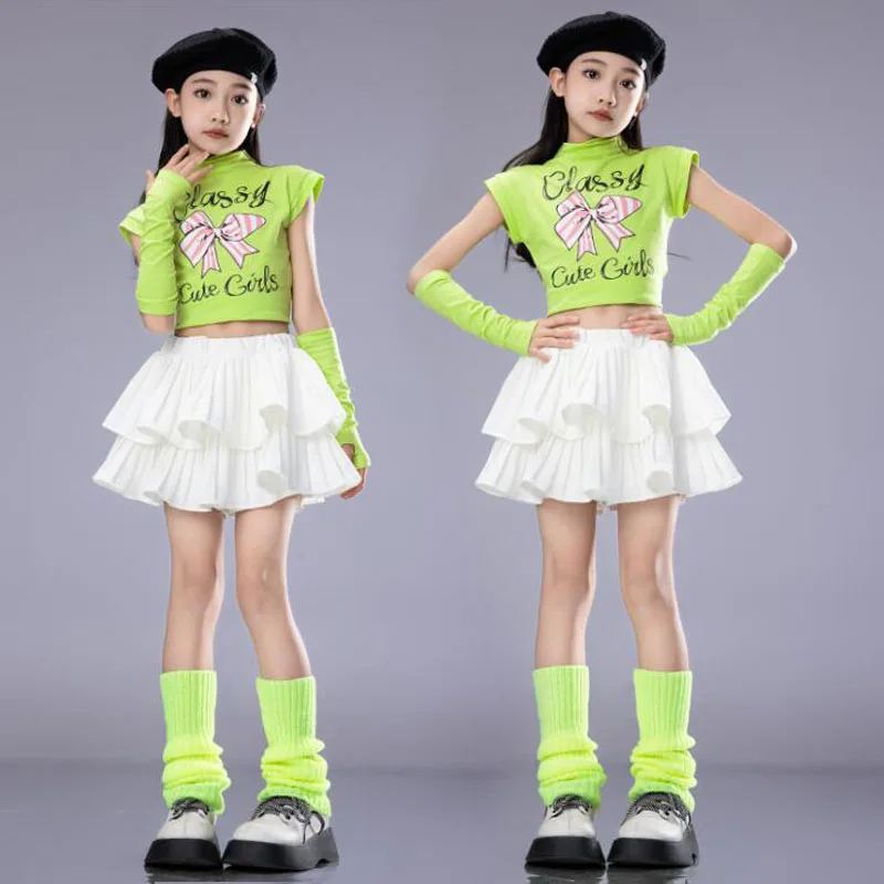 Hip Hop Outfits Kids Crop Top Street Dance Tiered Skirts Girls Streetwear Children Cheerleader Costumes Stage Jazz Clothes Sets