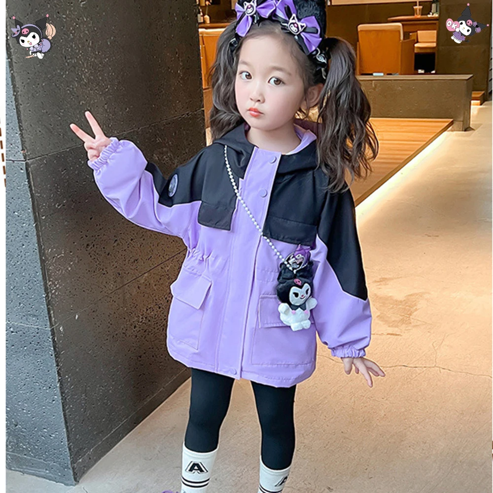 

Cartoon Kuromi Children Girls Outdoor Jackets Waist-Closing Autumn Kawaii Anime Mymelody Sanrio Fashion Motion Windproof Tops