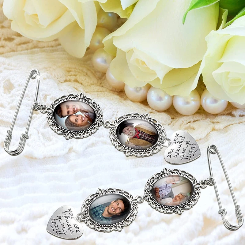 Wedding Boutonniere Bouquet Photo Memorial Charm Pin Round Mother of The Bride Gift for Groom Bride with Heart Pendant