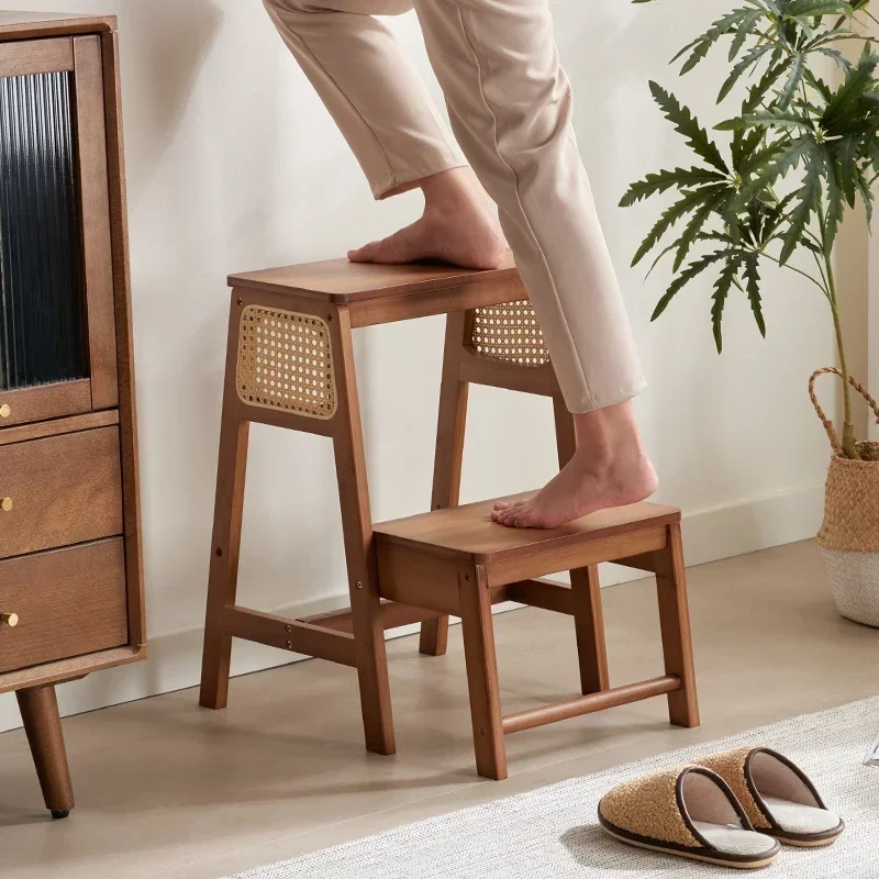 Natural Bamboo High Stool Kitchen Creative Rattan Ladder Chair Flip Storage Ladder Stool Multifunctional 2-step Ladder