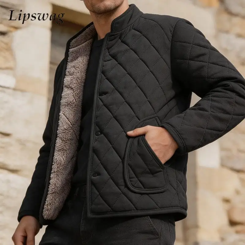 Fall Winter Themal Wool Liner Jackets For Mens Outdoor Casual Solid Color Plaid Texture Jacket Coat Men Fashion Button Coats