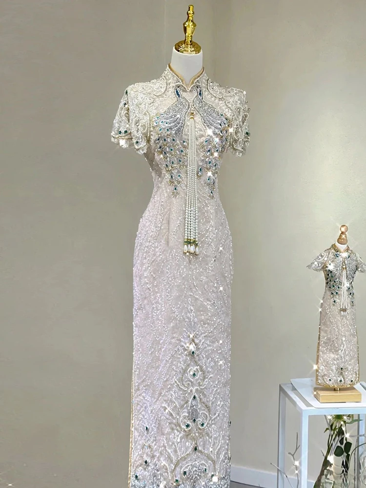 Champagne Cheongsam Toast Dress High-End Machine Embroidery Bridal Wedding Dress Sequined Xiuhe Engagement Dress