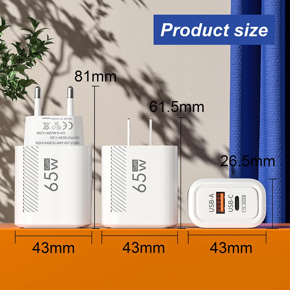 Chargeur mural à charge rapide pour téléphone, 65W, GaN, USB C, QC 3.0, EU, US, iPhone 15, Samsung, Xiaomi, prise de charge rapide