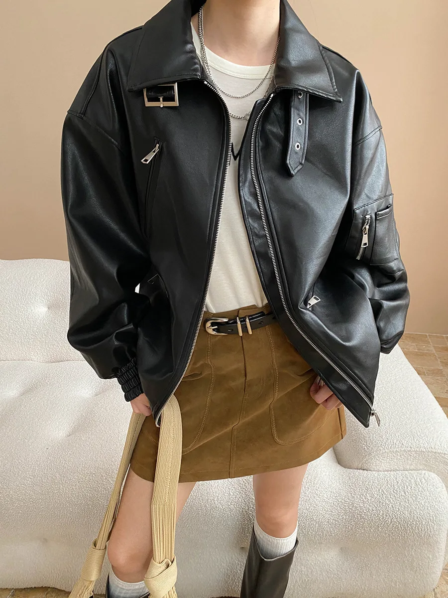 معطف جلد للدراجات النارية من Modern Street American Retro Matte PU بياقة جلدية كونتور