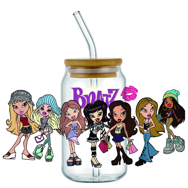 Miniso bratz pattern 16oz uv dtf transfer sticker Libbey Wrap Tumbler DIY Logo Sticker Glass Can Selfadhesive Waterproof