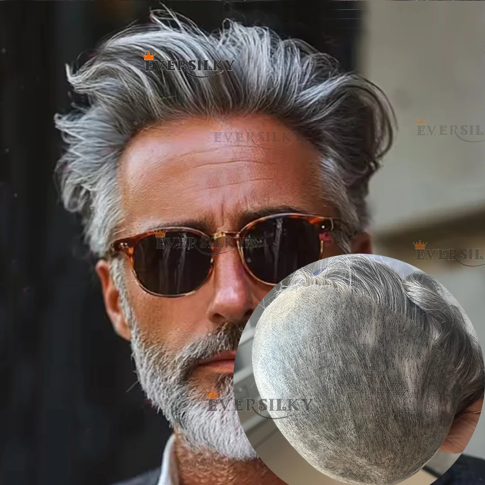 

Durable Full 0.1mm Injection PU Old Man Grey 1b80 1b65 HumanHair Toupee Easy Wear Top Quality Black Brown Hairpiece Natural Hair
