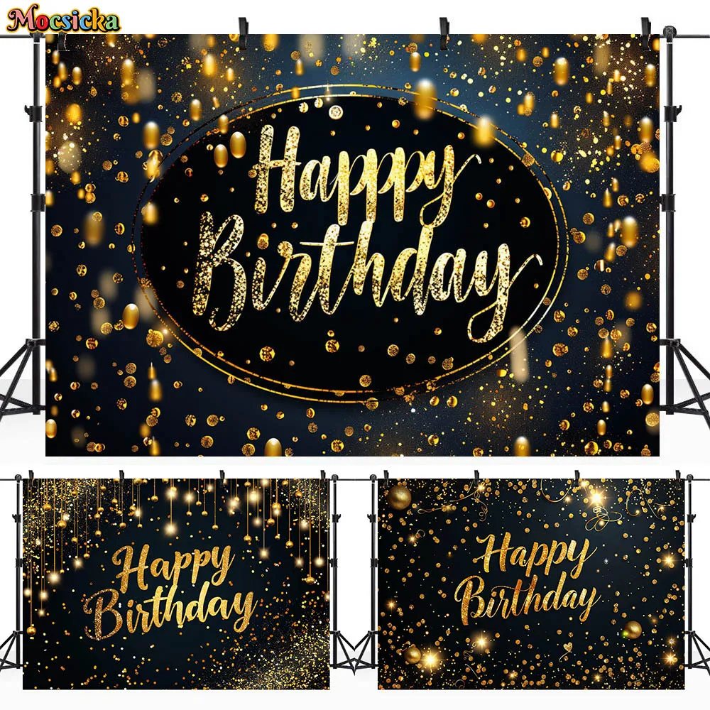 

Mocsicka Gold Glitter Dots Happy Birthday Backdrop Women's Black and Gold Themed Birthday Party Decoration Background Photoshoot