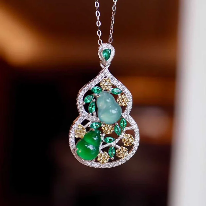 SGARIT Natural Jadeite S925 Silver Inlaid Gourd Pendant Symbolizes Wealth Attraction Chain Simple Ethnic Style A-grade Jadeite
