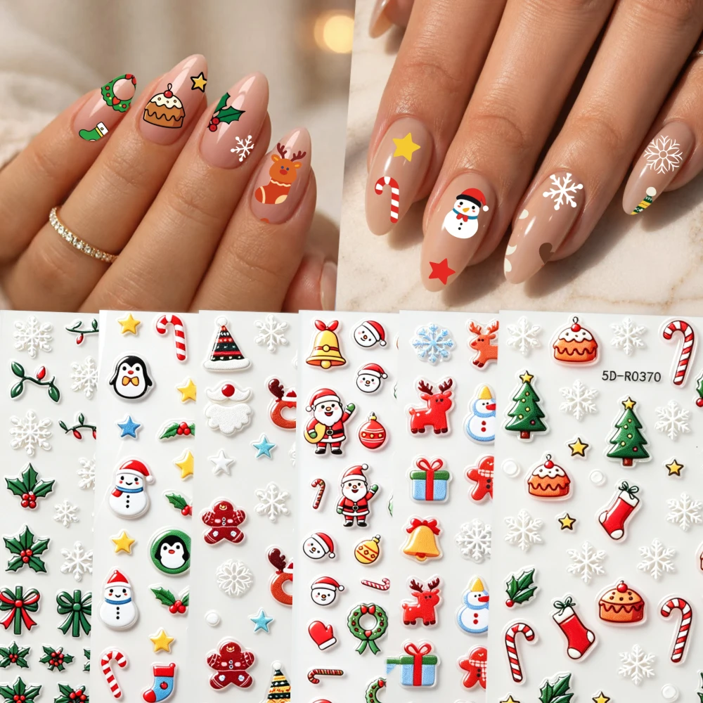 6Pcs 5D Embossed Christmas Nail Stickers Cute Santa Snowman Candy Cane Holly Snowflake Adhesive Nail Decals Holiday Manicure Dec