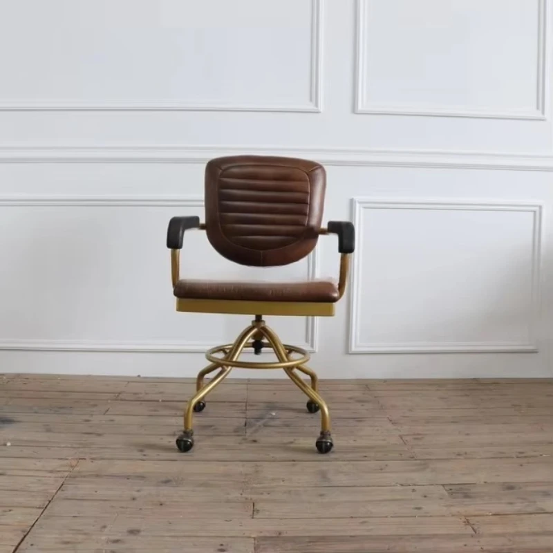 

Gold powder coated rolling wheel base and retro solid wood armrest office chair