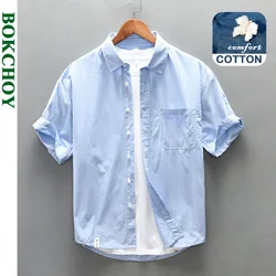 2024 Zomer Nieuwe Losse Gestreepte Korte Mouwen Shirts Heren Kleding Casual Katoen Zacht Dun Ademende Streetwear Az983