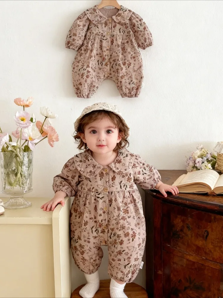 

Новая корейская одежда с длинными рукавами и лацканами, весенне-осенняя одежда, кукольные воротники с цветочным принтом для маленьких девочек, детская ткань для ползания