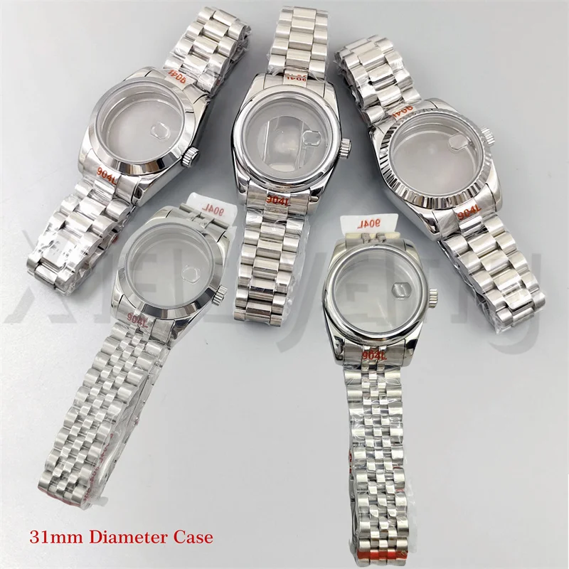31 مللي متر حافظة ساعة فضية من الفولاذ المقاوم للصدأ مع حزام مستدير مصقول مزمر الحافة الياقوت الزجاج المكبرة صالح لحركة NH05 NH06