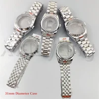 Caja de reloj de acero inoxidable plateado con correa, bisel estriado pulido redondo, cristal de zafiro, ajuste magnificado, movimiento ForNH05 NH06, 31mm