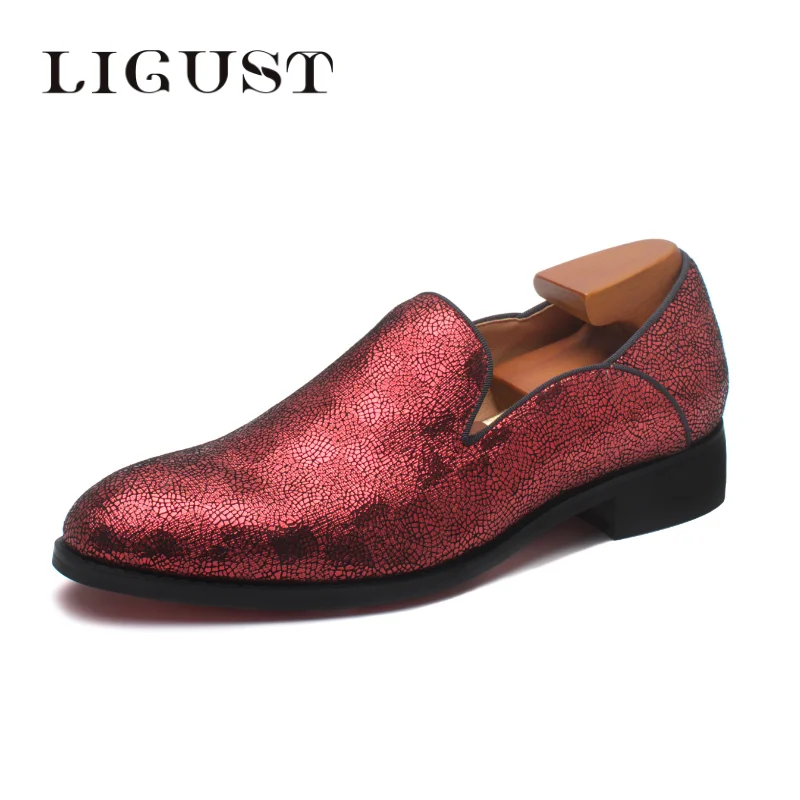 

LIGUST Men Genuine Leathe Nightclub Dress Shoes Classic Fashion Men Slip On Moccasins Shoes Luxury Wedding Loafers Red Shoes