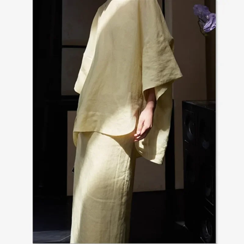 ฤดูร้อนใหม่ 2 ชิ้นชุดผู้หญิงสไตล์จีนสบายๆหลวมไม่สมมาตร Hem เสื้อและกระโปรงยาวแยกชุดกระโปรงนุ่มชุด