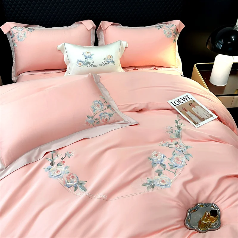 4Pcs Elegant Flowers Embroidery Bedding Set Natural Lyocell Cotton Soft Silky Duvet Cover Set Bed Sheet Fitted Sheet Pillowcases