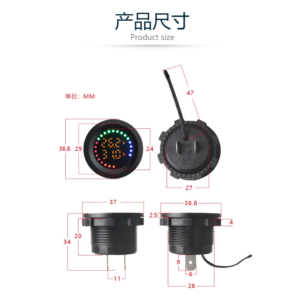 Waterproof 12V-24V Dual Display Car Thermometer Digital Car Voltmeter Temperature Monitor Thermometer Detector