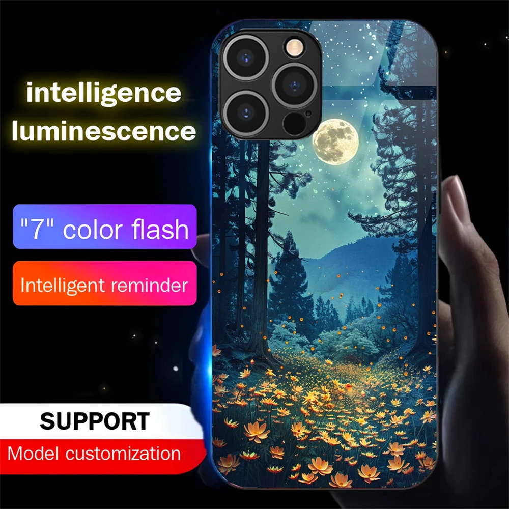 

Pretty Dreamy Forest Luminous Glass LED Call Light Up Flash Phone Case Cover For iPhone 16 E 15 14 13 12 11 Pro Max X XS XR Plus