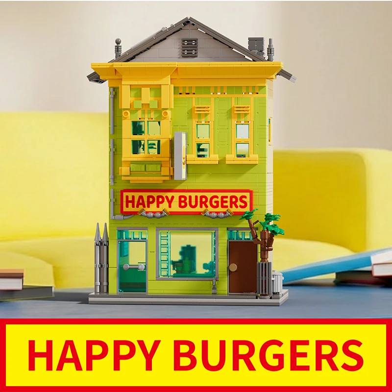 Bob's Burgers Happy Restaurant Modulare Gebäude-Bausteine-Sets Stadtansicht-Haus-Apartment-Laden-Architektur Montage-Ziegelstein-Modellbausatz Jungen-Spielzeug Erwachsene Kinder Geschenk 1222 Teile