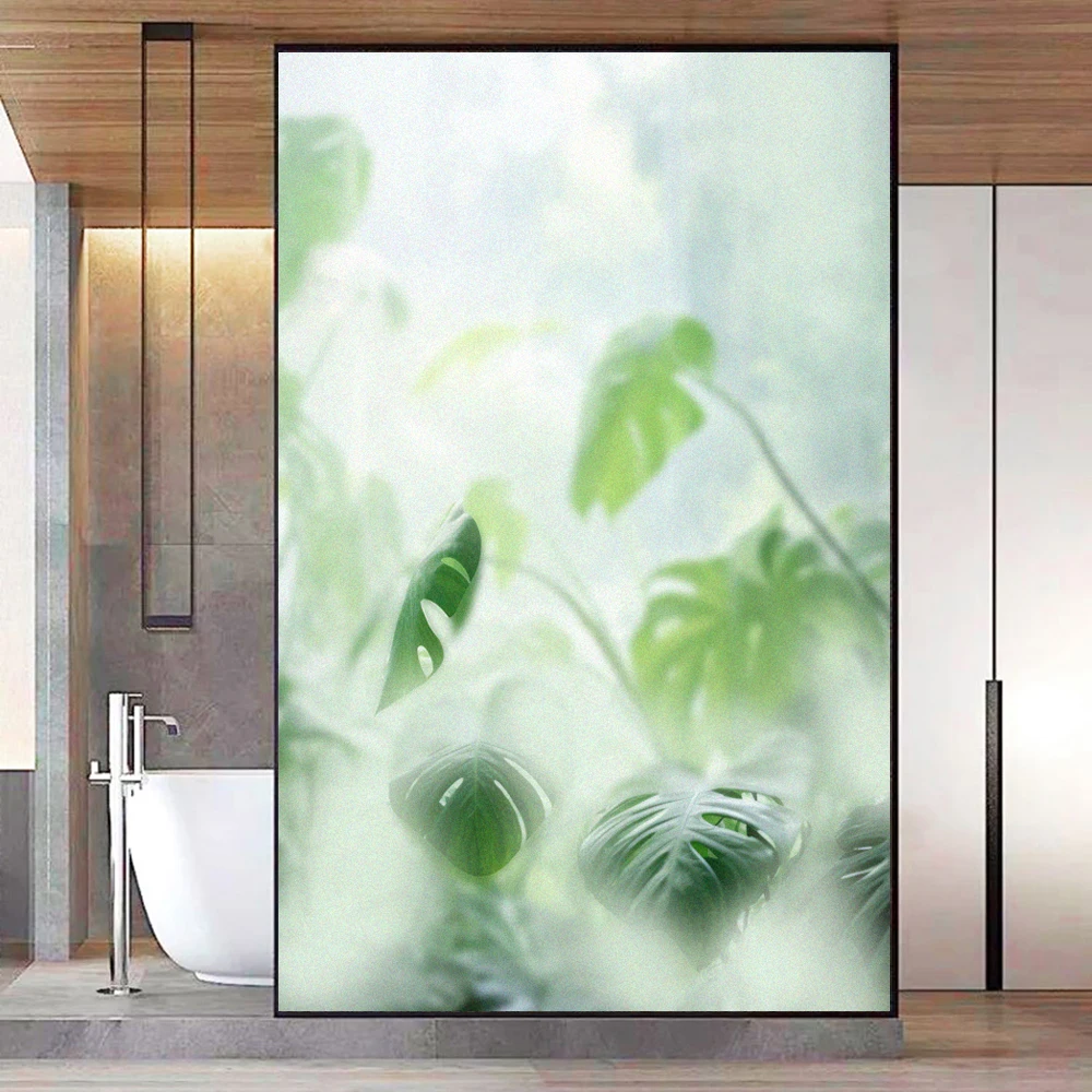 

Static Cling Privacy Window Film Anti UV Blocking Heat Control Window Stickers Green Jungle Decorative Frosted Window Decoration