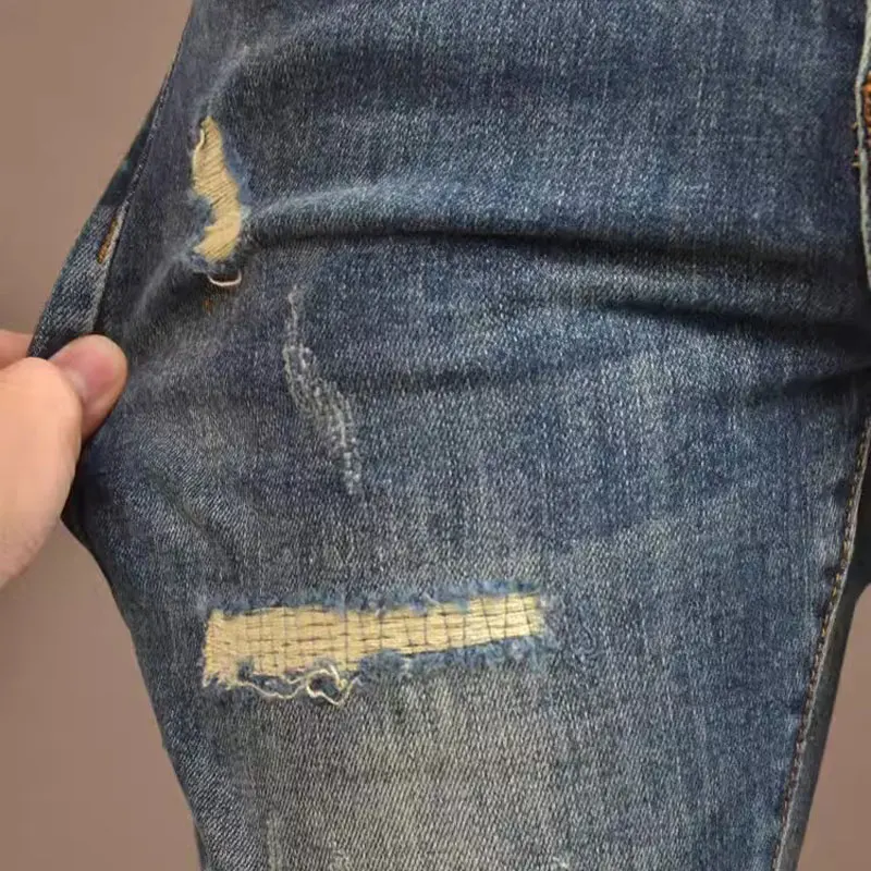 Fashion Streetwear Men Jeans Retro Blue Stretch Slim Fit Elastic Ripped Jeans Men Vintage Designer Denim Pencil Pants Hombre