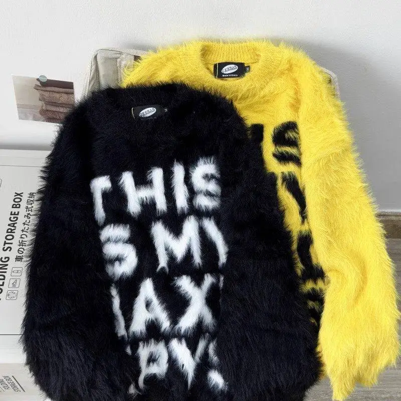 

Retro American Letter Mink M Knitted Sweater Lazy Sle Winter New Arrival Couple Student Coat Soft Long Sve round Ne