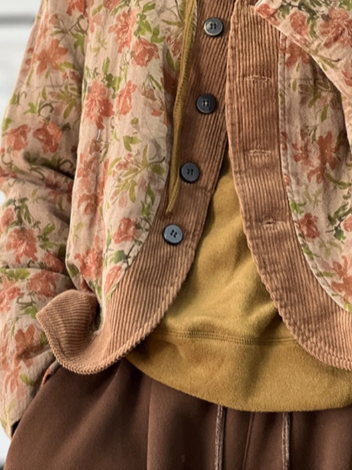 Casaco feminino de algodão com estampa floral Jaet, casaco fino de algodão com emenda em V, botão único, longo, ajuste solto, roupa externa de inverno