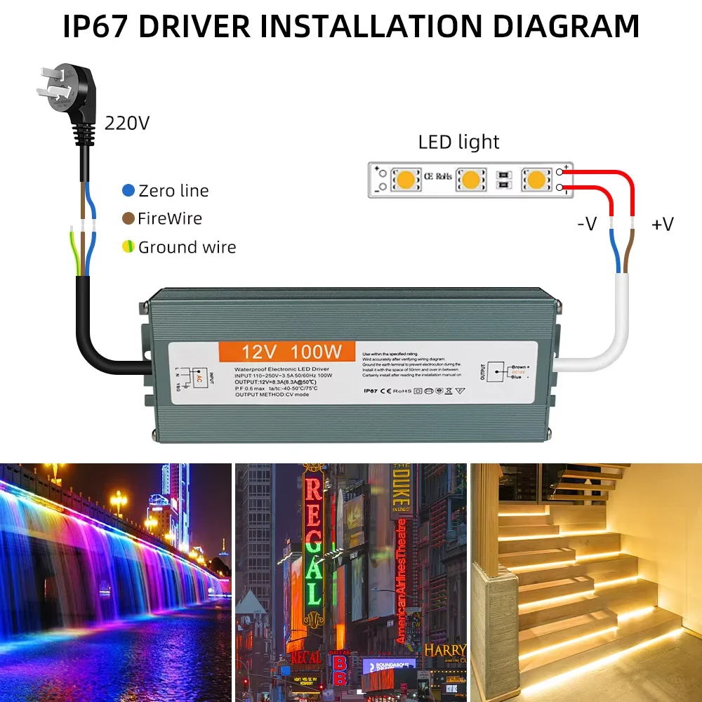 DC 12V 24V 50W Power Supply AC 220V IP67 Waterproof Transformers LED Driver 1A 3A 5A 10A 25A 12W 36W 50W 60W 100W 200W 300W 400W