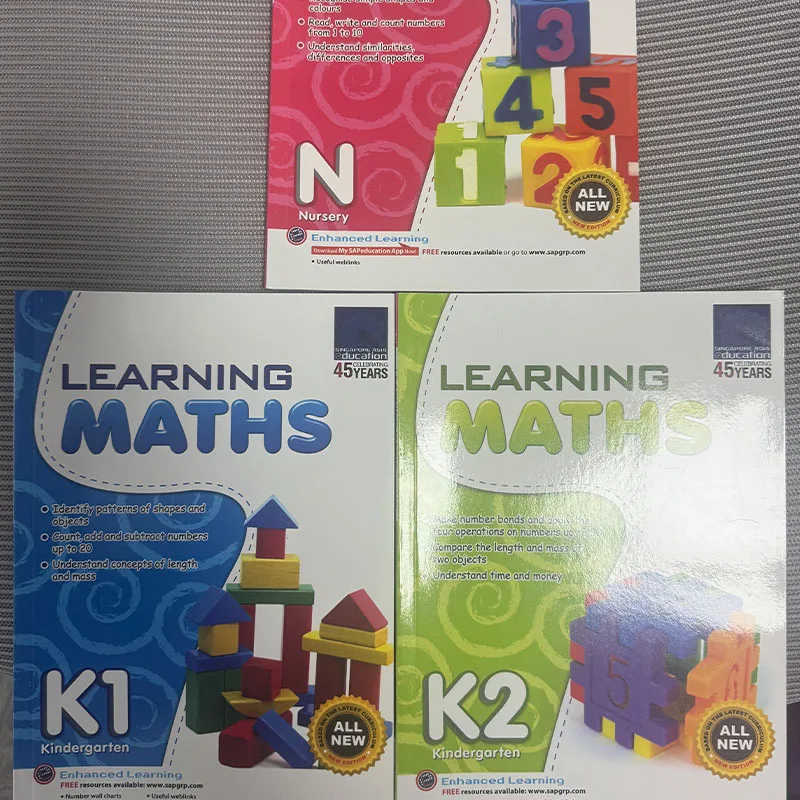 

3 книги/комплект SAP Learning Math N K1 K2 Сингапур Математика Детский сад Обучающая серия Английские тетради